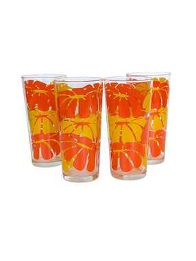 Groovy Vintage Glassware Set with Orange & Yellow Daisies
